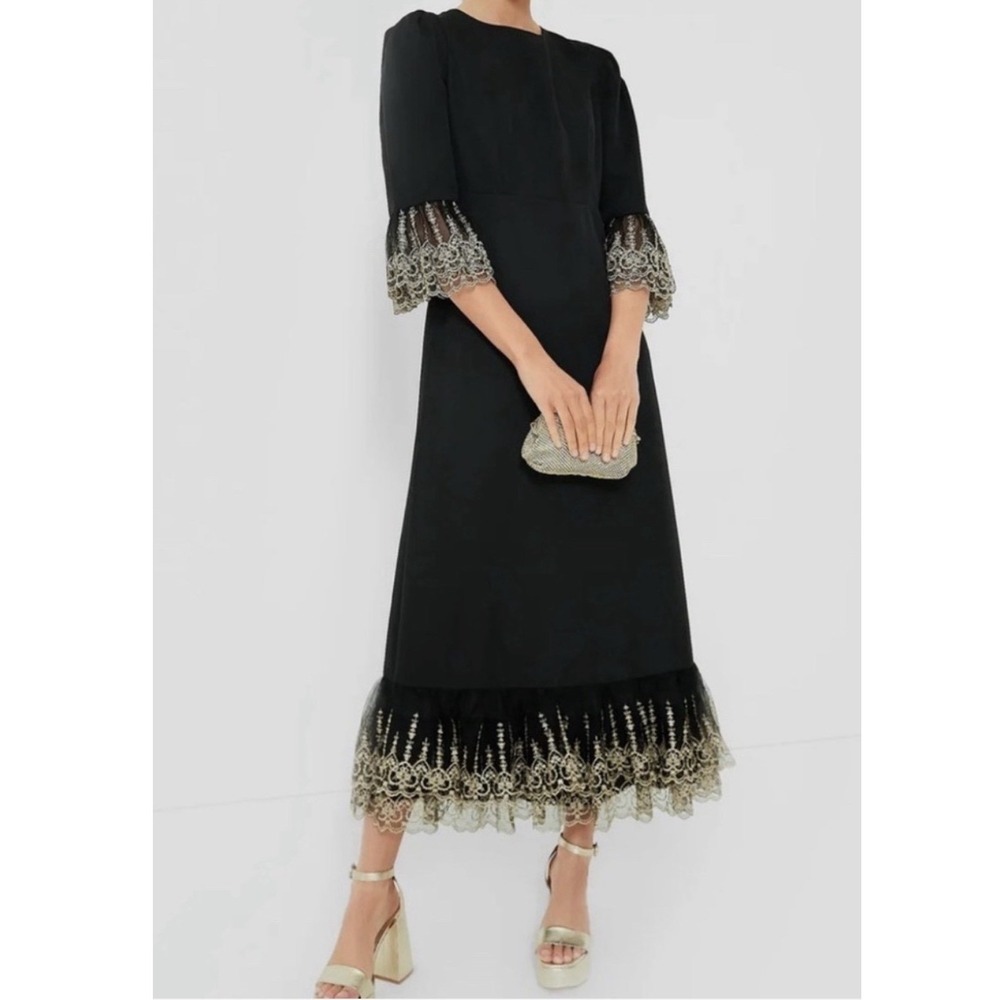 Pomander Place Black Gold Lace Embroidered Bell Sleeve Midi Dress NWT Large